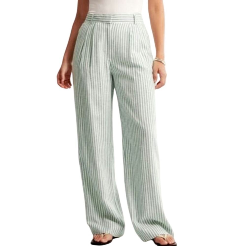 Abercrombie & Fitch Sloane Linen Blend Striped High Rise Wide Leg Trouser Pant